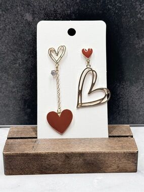 🚨3 for $15🚨 Asymmetric Red Heart Drop Earrings - Gold Tone